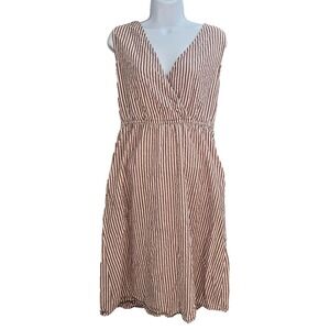 Mango MNG Sleeveless Dress Women 4 White Pink Striped Button Back Pockets Summer